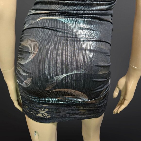 Y2K Trashy Mcbling Mini Dress Size M Silver Black metallic Rhinestone Lace Trim - Picture 9 of 10